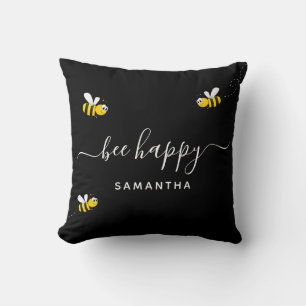 Bee happy cute bumble bees black white monogram cushion
