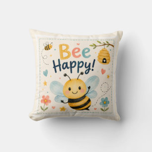 Bee Happy Cute Kids Throw Pillow