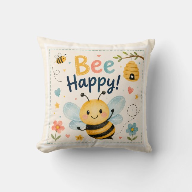 Bee Happy Cute Kids Throw Pillow (Front)