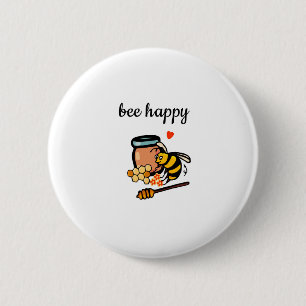 Bee happy cute yellow and blue word art 6 cm round badge