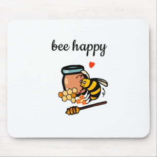 Bee happy cute yellow and blue word art mouse pad
