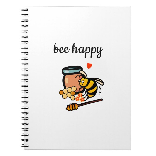Bee happy cute yellow and blue word art notebook (Front)
