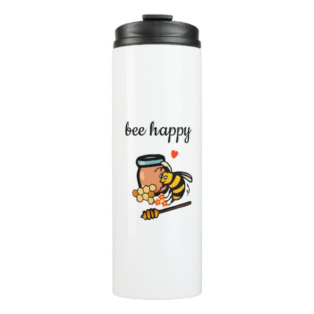 Bee happy cute yellow and blue word art thermal tumbler (Front)