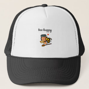 Bee happy cute yellow and blue word art trucker hat