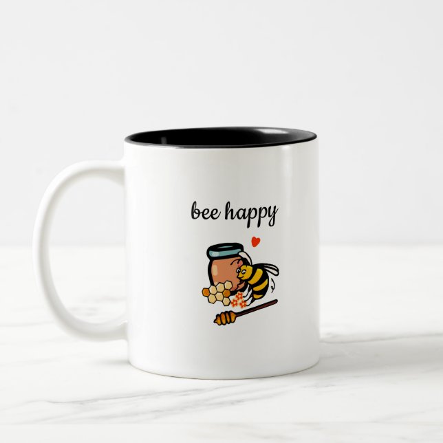 Bee happy cute yellow and blue word art Two-Tone coffee mug (Left)