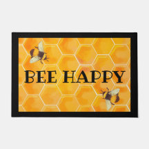 Bee Happy Door Mat with Honeycomb