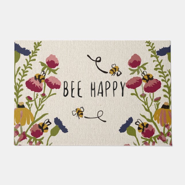 Bee Happy Doormat , Funny Bee Mat Home Decor (Front)