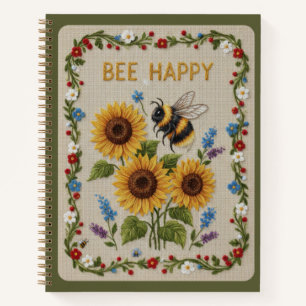 Bee Happy Embroidered Bumblebee &Sunflowers Floral Notebook