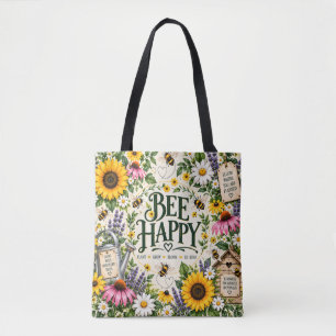Bee Happy Floral Garden Tote Bag