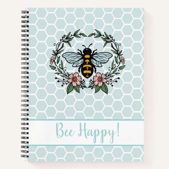 Bee Happy Floral Wreath Notebook (Front)
