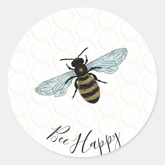 Bee Happy Gold Honeycomb Classic Round Sticker (Front)
