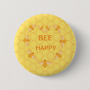 Bee Happy honey bees on yellow honeycomb 6 Cm Round Badge