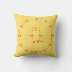 Bee Happy honey bees on yellow honeycomb  Cushion