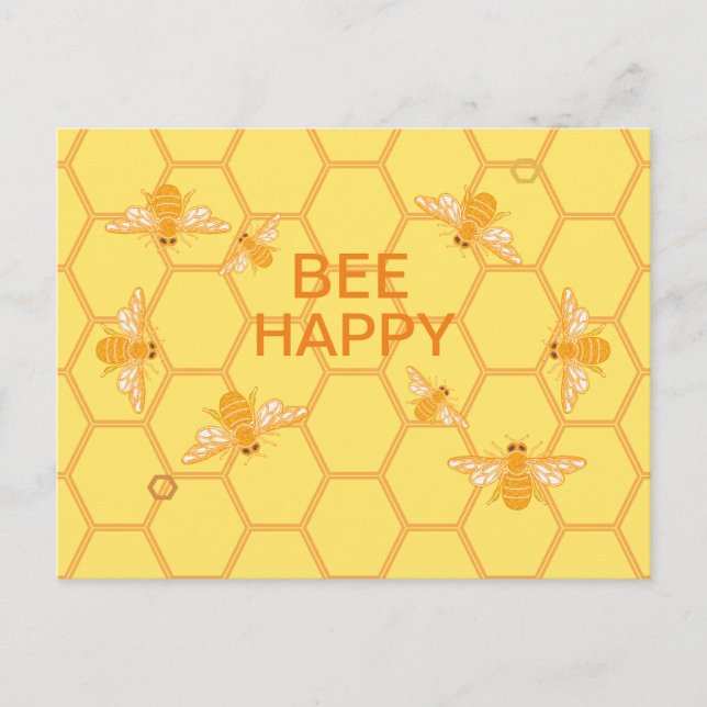 Bee Happy honey bees on yellow honeycomb Postcard (Front)