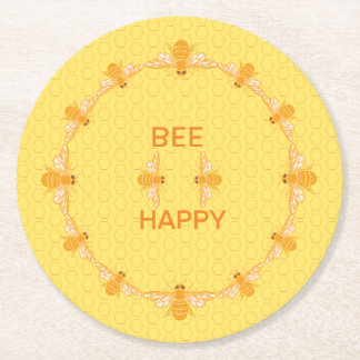 Bee Happy honey bees on yellow honeycomb    Round Paper Coaster