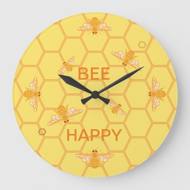 Bee Happy honeybees on yellow honeycomb Large Clock (Front)