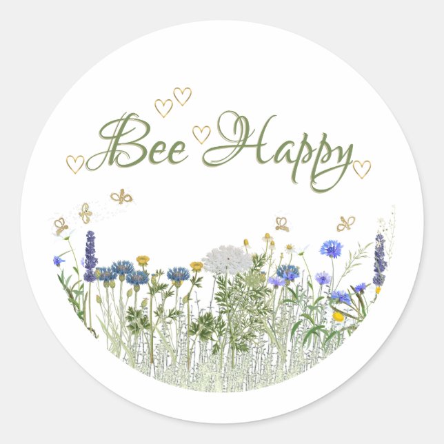 BEE HAPPY Meadow Flowers and Bees Lid Label (Front)
