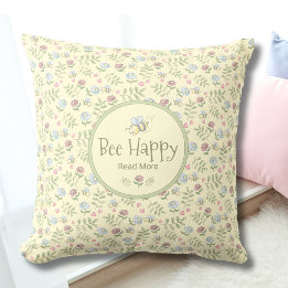 Bee Happy Read More Floral Book Lover  Cushion