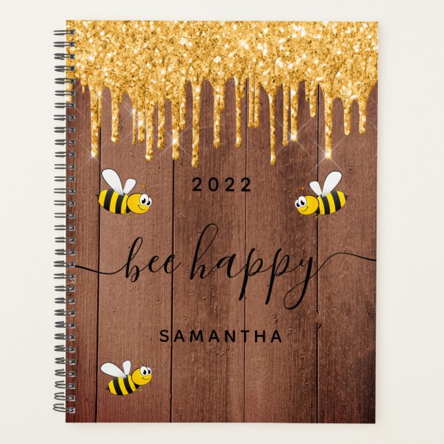 Bee happy rustic bumble bees brown barn wall  2021 planner (Front)