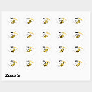 bee happy script classic round sticker
