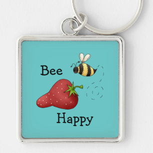 Bee Happy Strawberry Print Art Key Ring