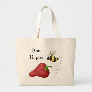 Bee Happy Strawberry Print Art Large Tote Bag