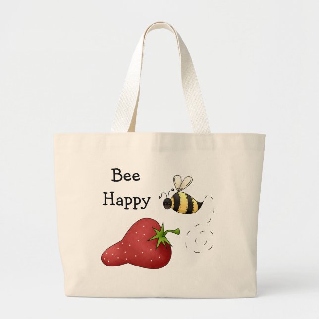 Bee Happy Strawberry Print Art Large Tote Bag (Front)