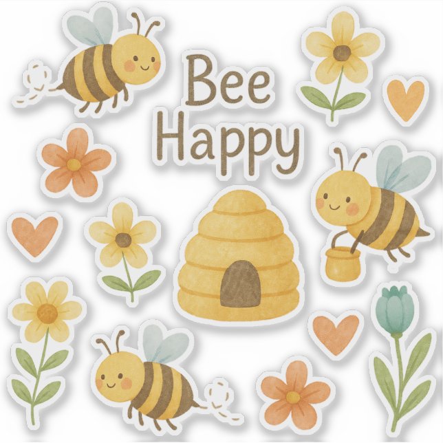 "BEE HAPPY" - sweet bees with flowers (Front)