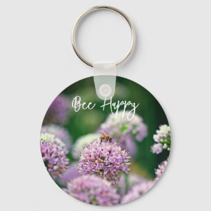Bee Happy with Purple Allium Flower Motivational Key Ring