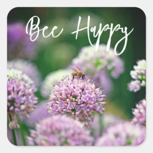 Bee Happy with Purple Allium Flower Motivational Square Sticker