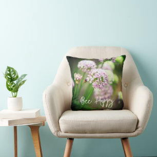 Bee Happy with Purple Diagonal Allium Flowers Cushion