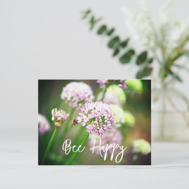 Bee Happy with Purple Diagonal Allium Flowers Holiday Postcard (Standing Front)