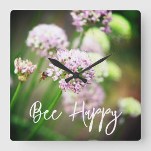 Bee Happy with Purple Diagonal Allium Flowers Square Wall Clock