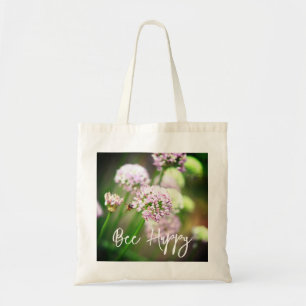 Bee Happy with Purple Diagonal Allium Flowers Tote Bag