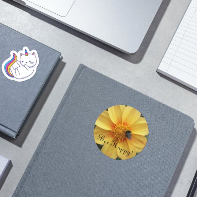 Bee Happy Yellow Dahlia Floral Classic Round Sticker (In Situ Book)