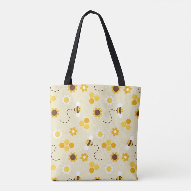 Bee Happy Yellow Honeycomb Pattern Tote Bag (Back)
