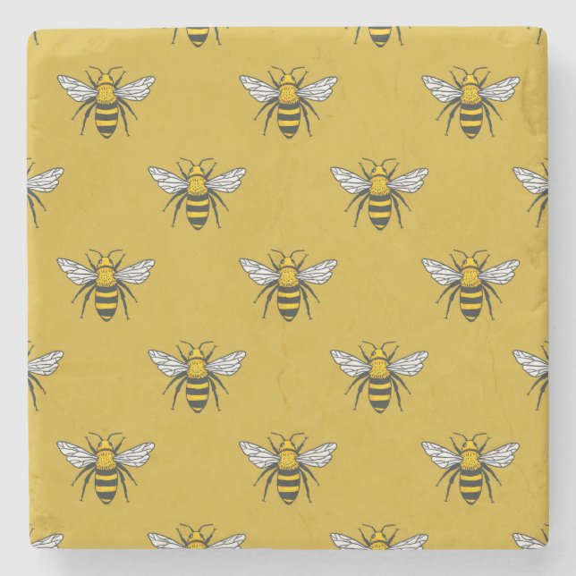 Bee Haven: Vintage Yellow Pattern Stone Coaster (Front)