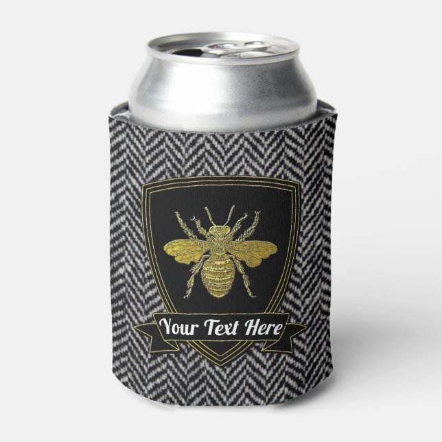 Bee Herringbone Tweed Pattern Your Text Can Cooler (Can Front)