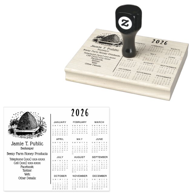 Bee Hive and Bees & 2026 Year Calendar Rubber Stamp (Stamped)