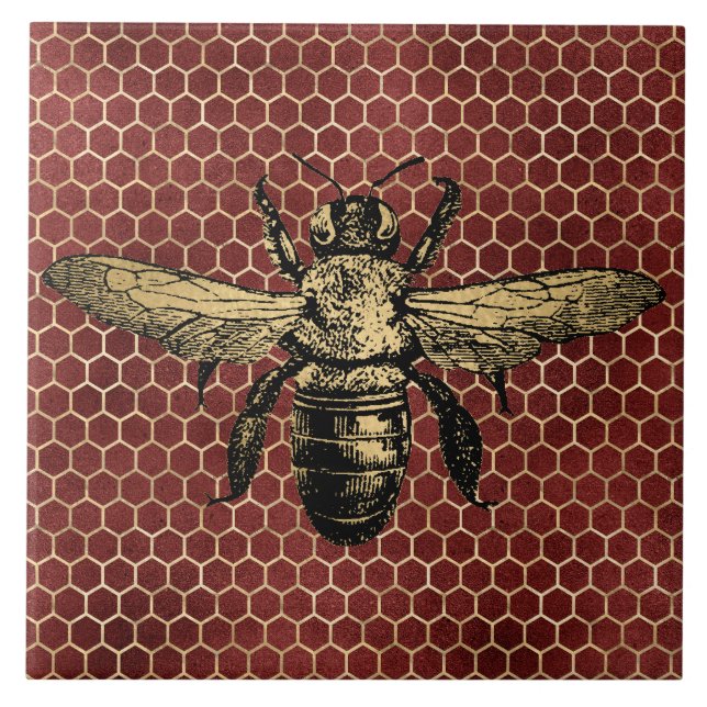 Bee Hive Rustic Gold Honeycomb Red Ceramic Tile (Front)