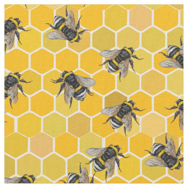 Bee hive. Yellow honey bumblebee insect. Honeycomb Fabric (Close Up)