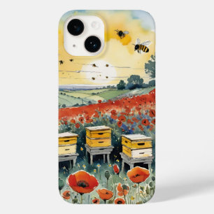 Bee Hives at Sunrise with Red Poppies and Bees Case-Mate iPhone 14 Case