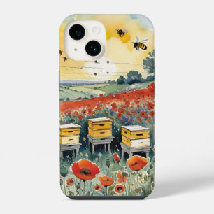 Bee Hives at Sunrise with Red Poppies and Bees iPhone 14 Case