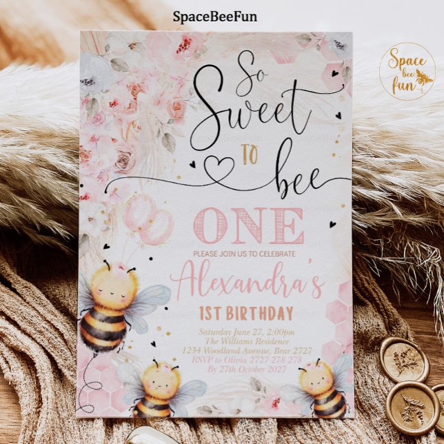Bee Honey Birthday invitation Girl Bee Honey Party (Bee Honey Birthday invitation Boho Pampas Grass Girl Bee Honey Party Pink So Sweet to Bee invites On)