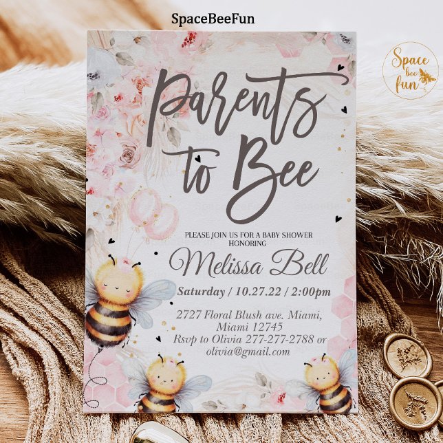 Bee Honey invitation Baby shower Parents to bee  (Bee Honey invitation Baby shower Parents to bee Baby shower invitation Boho Pampas Grass Pink Girl )