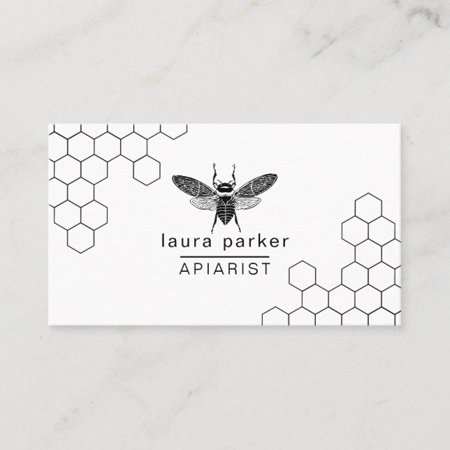 Bee Honey Seller Apiarist Black White Hexagon Business Card (Front)