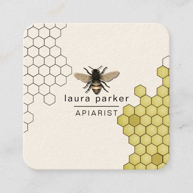 Bee Honey Seller Apiarist Black Yellow Hexagon  Sq Square Business Card (Front)