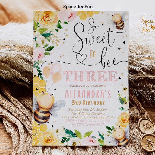 Bee Honey THREE Birthday invitation Boho Girl (Bee Honey THREE Birthday invitation Boho Pampas Grass Girl Bee Honey Party Pink So Sweet to Bee invi)