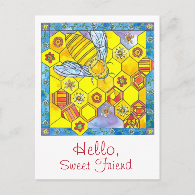 Bee Honeycomb Daisy Flowers Hello Sweet Friend Postcard (Front)