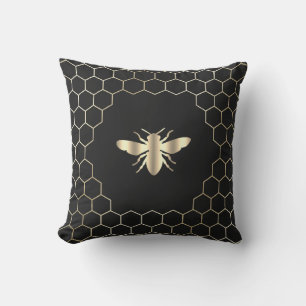 bee honeycomb hexagons design on black cushion
